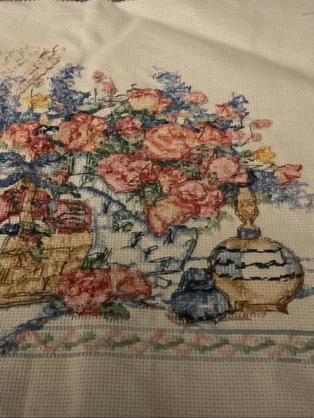 Hand-Embroidered Floral Still Life Cross-Stitch - Pink and Blue